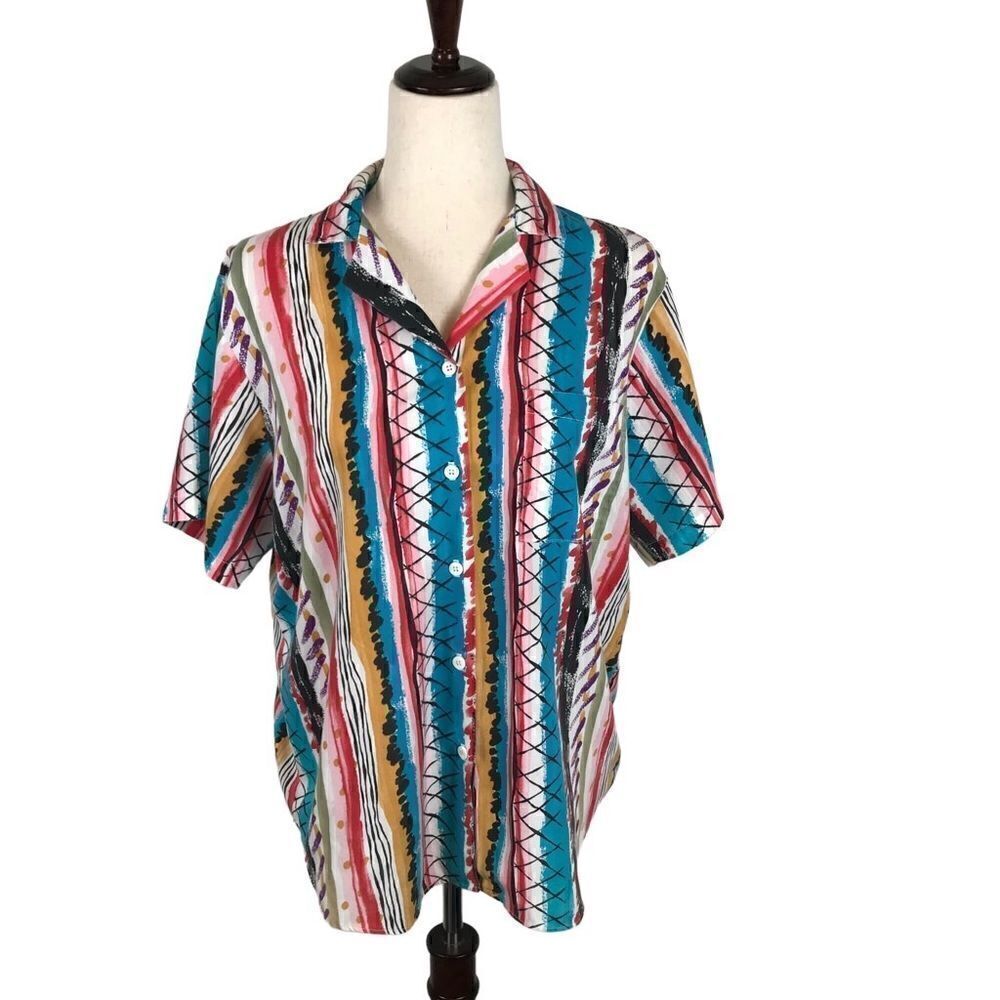 Vintage Oak Hill 1980s multi‎ color “painted”look button up shirt M/L*